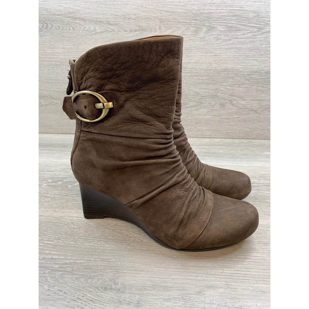 Earthies Boots Brown Leather Ruched Wedge Ankle Boots Buckle Zip 8 Casual Shoes